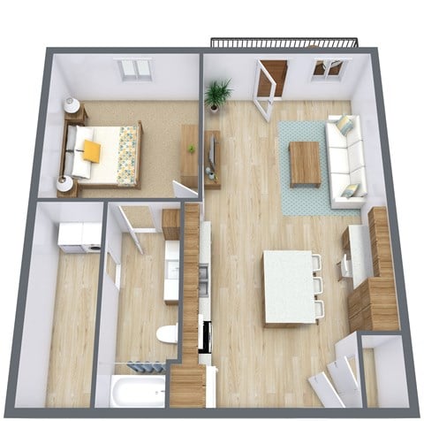 Floor plan for 1 bed, 1 bath, 750 sqft